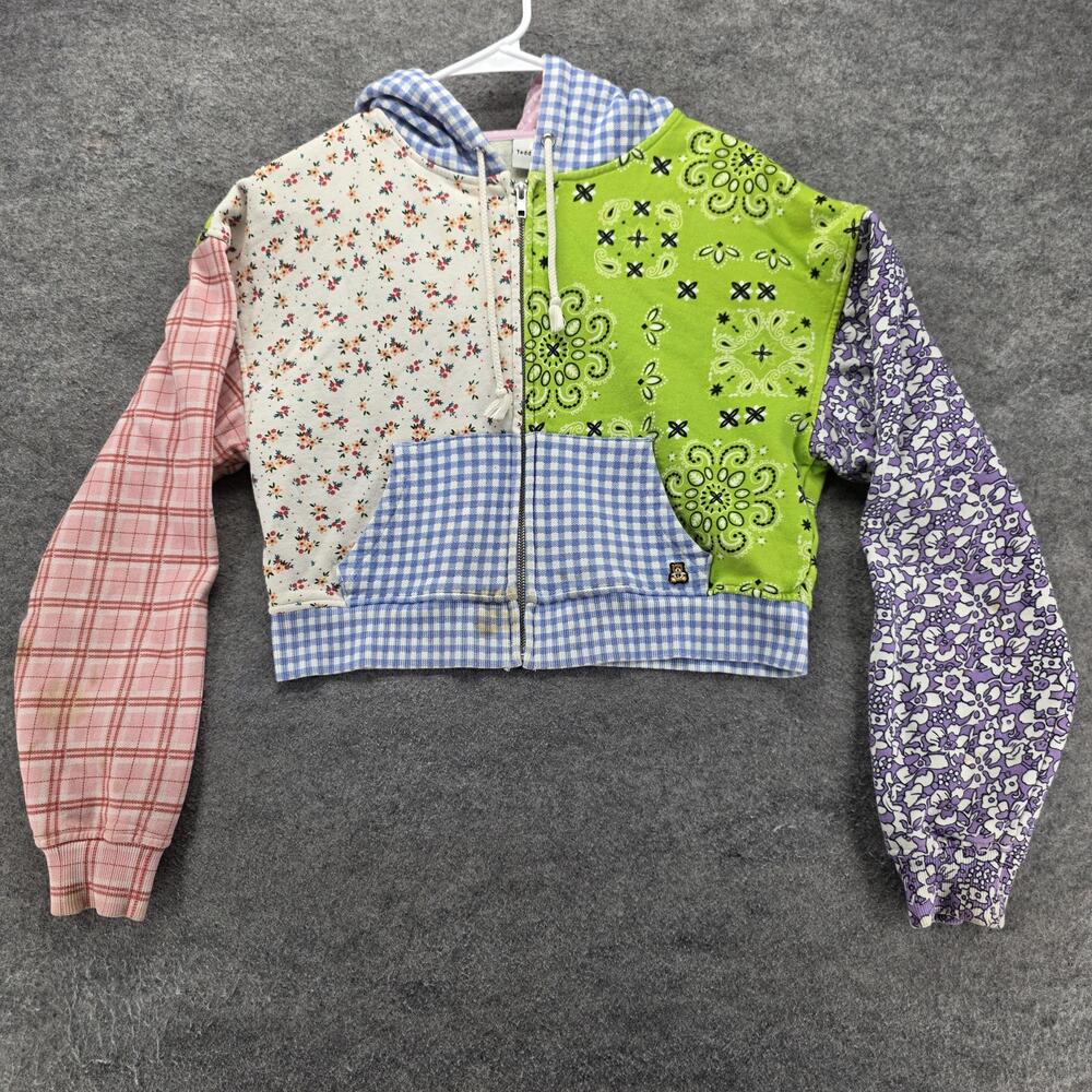 Teddy Fresh Hoodie Womens S Multicolor Full Zip Hooded Patchwork Cropped Fleece